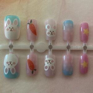 [XS] 🐰🥕⭐️💅 10Pcs Wearable Press on Nails Short Square Easter Bunny Carrots Stars